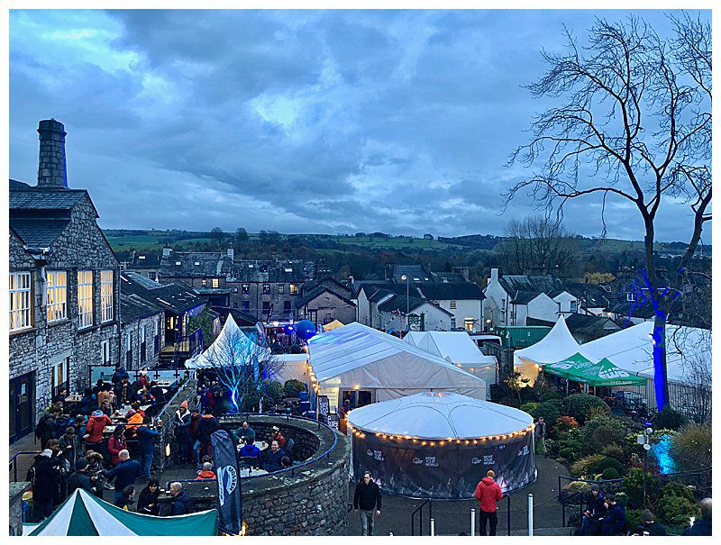 Overhead shot of Kendal Mountain Festival Tents at dusk