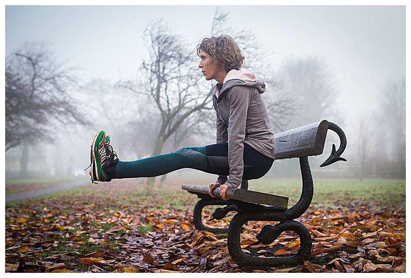Caroline from The Plan Harrogate exercising on a park bench